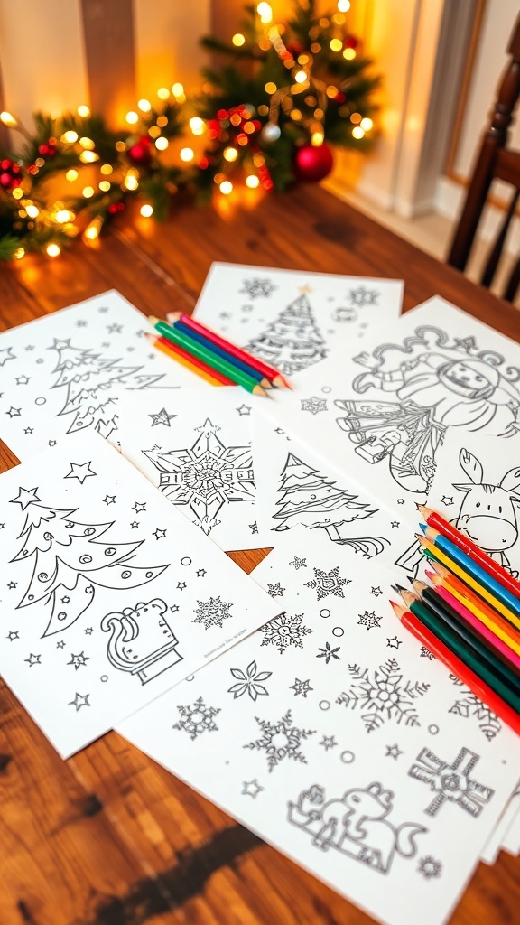 A variety of Christmas coloring pages with festive designs on a wooden table, surrounded by colored pencils.